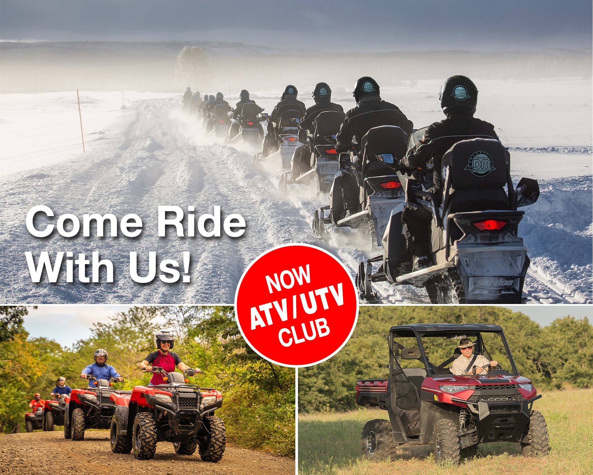 People riding snowmobiles, ATVs, and UTVs